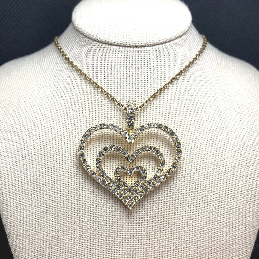Nolan Miller Gold Tone Crystal Triple Heart Statement Pendant Necklace Size 18''